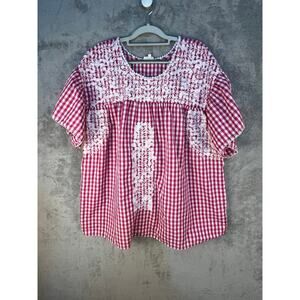 Layerz Blouse 3XL Pink Gingham Floral Embroidered Boho Summer Beachy